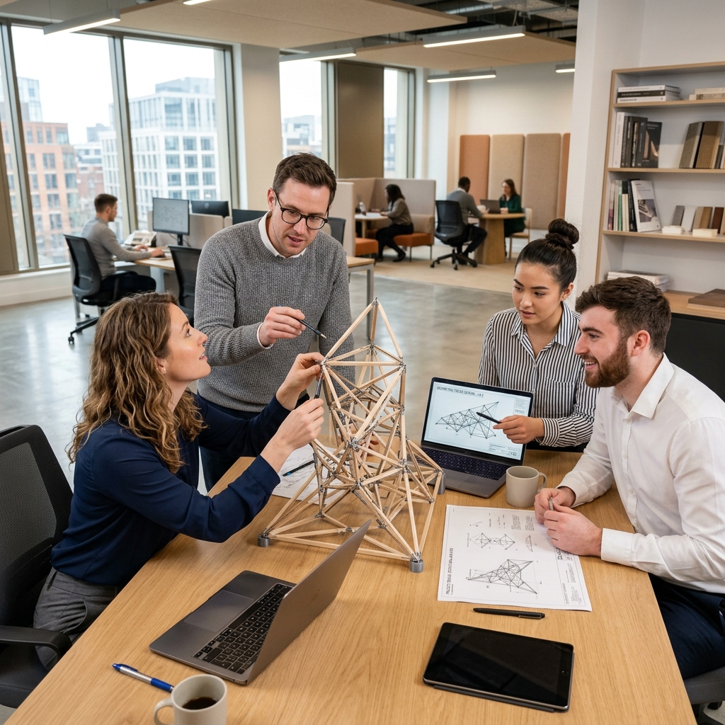 Staff discussing truss model
